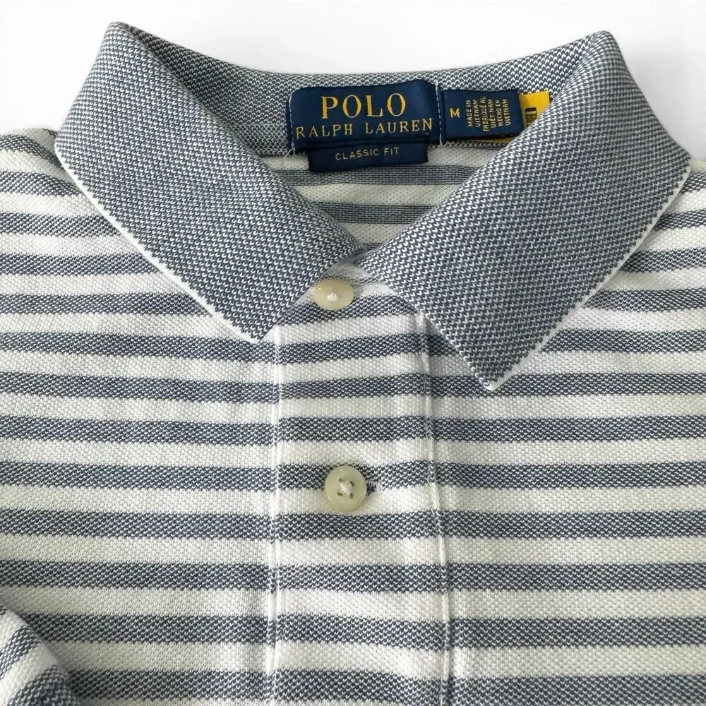 Polo Ralph Lauren Classic Fit Polo Men Medium White Gray Striped Cotton Shirt